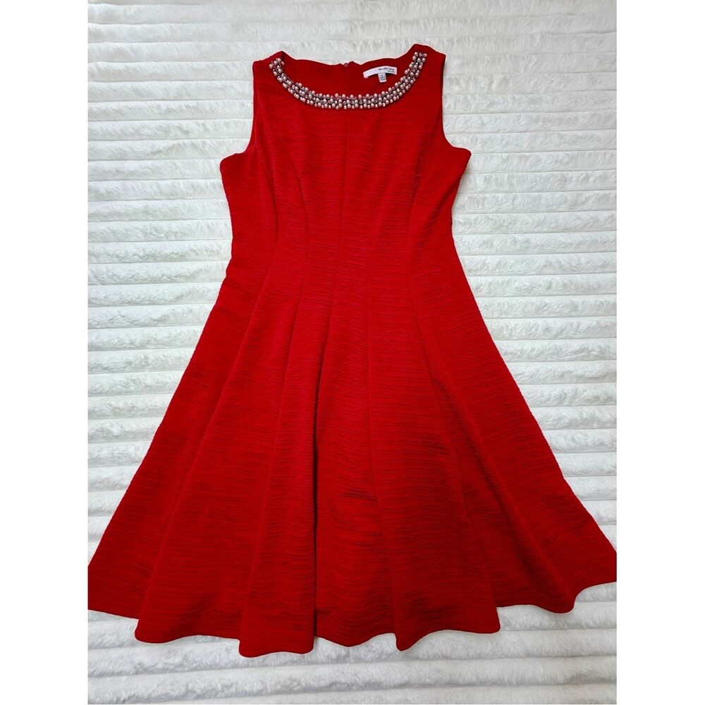 Studio One Red Sleeveless Fit-and-Flare Dress with Beaded Neckline